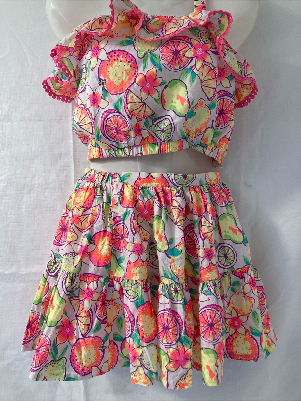 Tommy Bahama Tropical Citrus Print Ruffle Crop Top & Skirt Set XS
